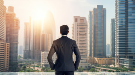 Back view of businessman looking at skyscrapers in city at sunsetの素材