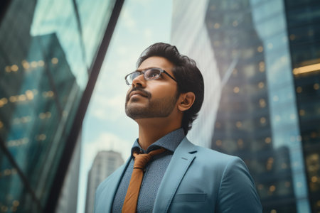 Portrait of a handsome young Indian businessman in a suit and glasses on the background of skyscrapersの素材