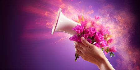 Close up of woman hand holding megaphone with pink flowers bouquetの素材