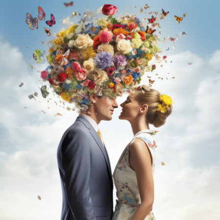 Young loving couple kissing each other with closed eyes and flowers in headの素材