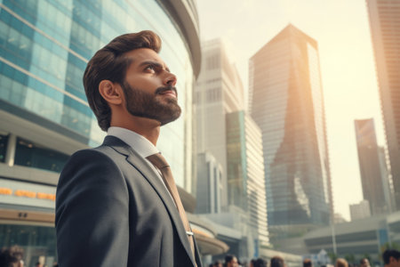 Handsome young businessman in suit is looking away and smiling while walking in the cityの素材