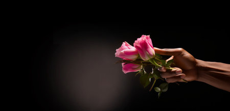 Woman hand holding pink rose flower on black background with copy space.の素材