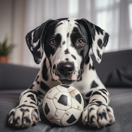 Dalmatian Dog Laying on Couch With Soccer Ballの素材