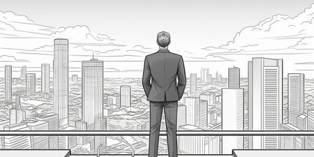 Businessman in Suit Gazing Across Urban Skylineの素材