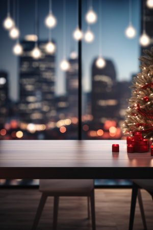 Lit Christmas Tree Illuminating a Table in Front of a Windowの素材