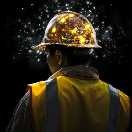 Man Wearing Hard Hat With Starry Backgroundの素材