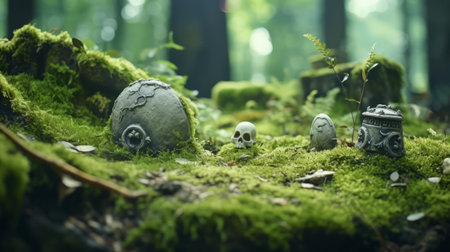 Mysterious dark green forest with human skull and stone lanternsの素材
