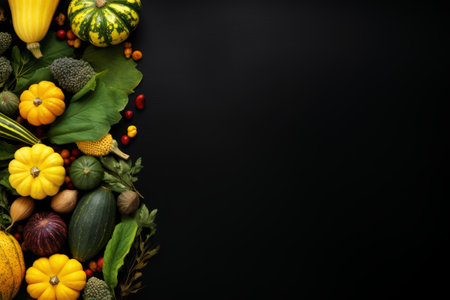 Autumn background with pumpkins, berries and leaves on black backgroundの素材