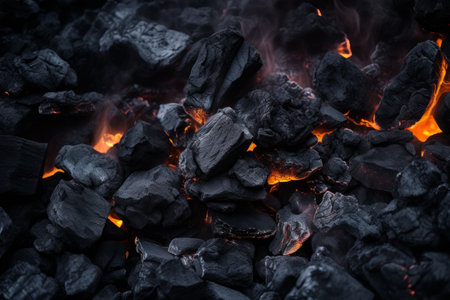burning charcoal in a barbecue, close-up, background and textureの素材