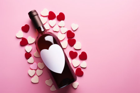 Bottle of wine with paper hearts on pink background, top viewの素材