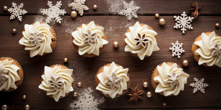 Christmas cupcakes with snowflakes on wooden background. Toned.の素材