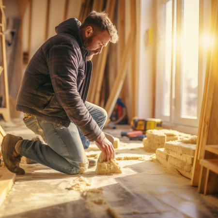 Carpenter working on a wooden floor in a carpentry workshop.の素材