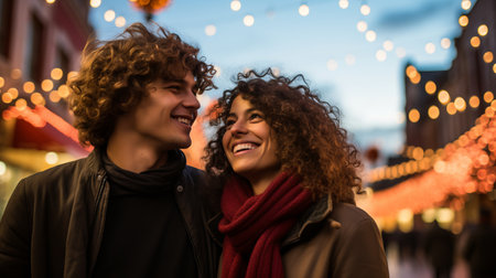 Portrait of a young couple on Christmas marketの素材