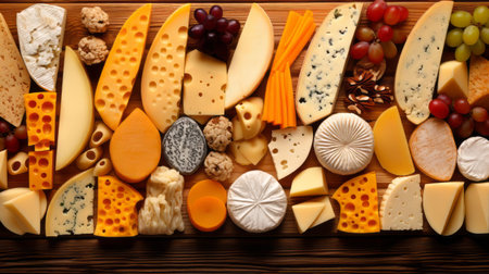 Various types of cheese on wooden table, top view. Food backgroundの素材