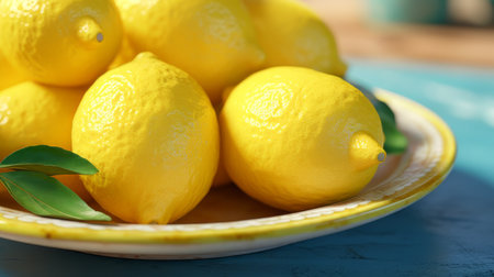 Plate with fresh ripe lemons on table, closeup. Space for textの素材