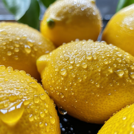 Fresh lemons with water drops on a black background. Selective focus.の素材