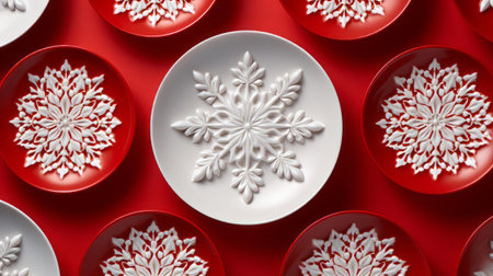 Snowflakes on red plates.. Top view.の素材