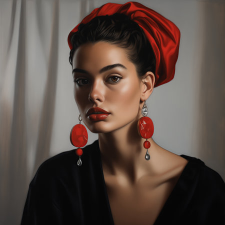 Portrait of a beautiful young woman with red lips in a black blouse and red earringsの素材