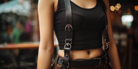 Woman Wearing Leather Harness and Black Topの素材