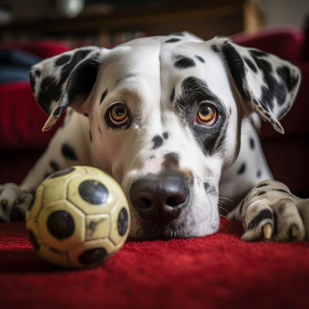 Dalmatian Dog Resting With Soccer Ball on the Floorの素材