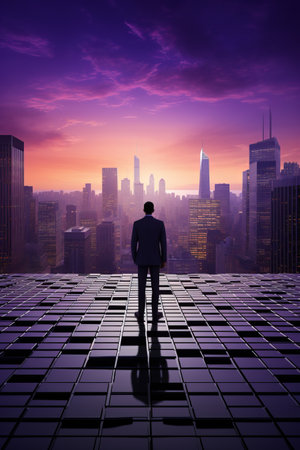 Man Standing in Front of Urban City Skyline at Duskの素材