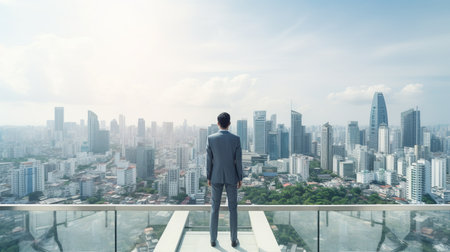 Businessman Overlooking a Bustling Cityscape From a Rooftop Terraceの素材