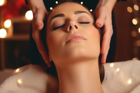 Beautiful young woman having face massage in spa salon, closeupの素材