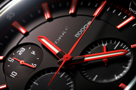 Closeup of a luxury wrist watch with red and black dial.の素材