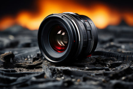 Photo camera lens on the background of a burning fire, close-upの素材