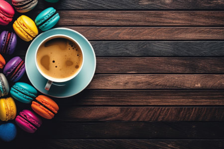 Colorful macaroons and cup of coffee on wooden background.の素材