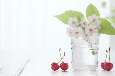 cherry blossom in vase on white wooden background with copy spaceの素材