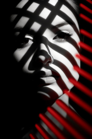 Portrait of a beautiful woman with blinds on her face.の素材