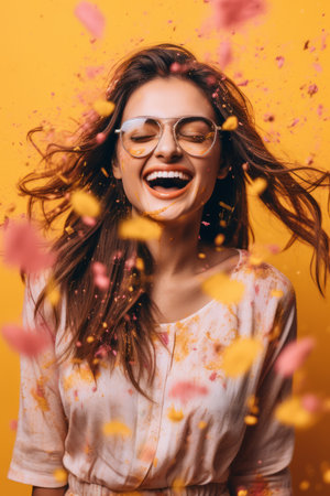 cheerful girl in eyeglasses and falling petals on yellowの素材