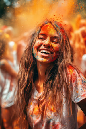 Portrait of a happy young woman covered with colored powder at holi festivalの素材