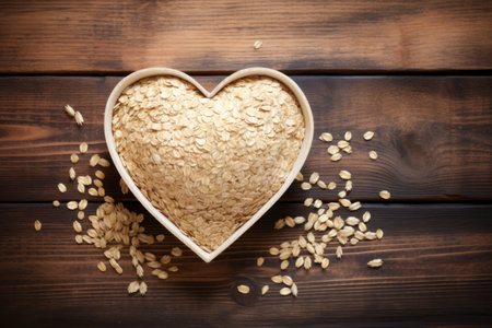 Oatmeal in a heart-shaped bowl on a brown wooden backgroundの素材