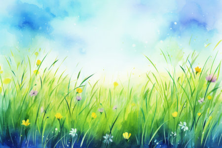 Watercolor spring background with green grass, flowers and blue sky.の素材