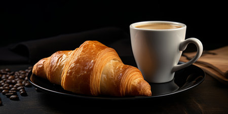 Coffee cup and croissant on black wooden table.の素材
