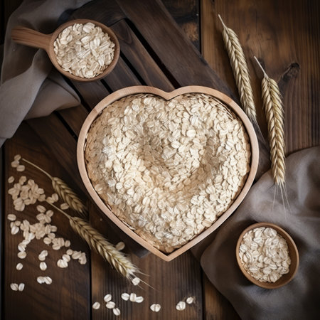 Oatmeal in a heart shaped bowl on a wooden background, top viewの素材