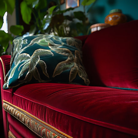 Interior of a living room with a red sofa and a green plantの素材