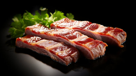 Slices of smoked pork with parsley on a black backgroundの素材