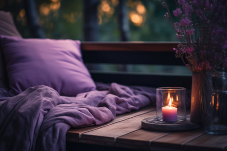 Luxury pillow on a wooden table and a burning candle.の素材