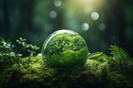 Glass sphere with green moss on nature background. Environment conservation concept.の素材