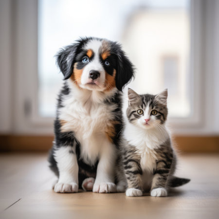 Cute bernese mountain dog and cat sitting on the floor at homeの素材