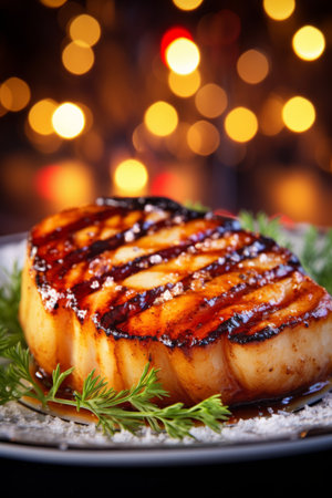 Grilled scallops with caramelized onions on a festive background. Selective focus.の素材