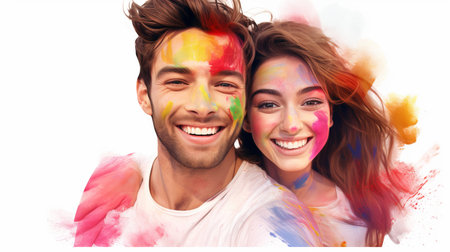 Cheerful young couple with colorful paint splashes on their facesの素材