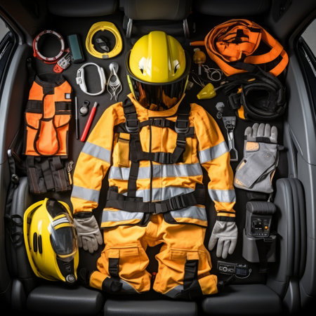Set of tools and equipment for fireman in car, top viewの素材
