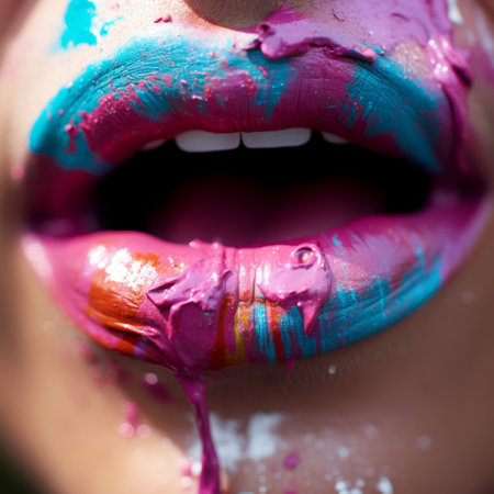 Close-up portrait of a beautiful young woman with bright makeup and smeared lipstick.の素材