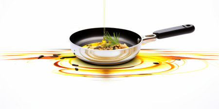 Frying pan with champignon mushrooms and olive oil on white backgroundの素材