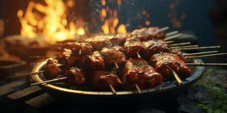 Barbecued meat on skewers on a barbecue grill. Close-upの素材