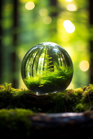 Glass globe with moss in the forest and bokeh background.の素材